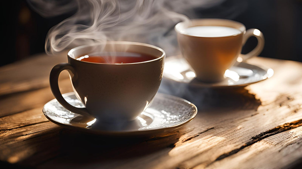 Two cups of steaming tea on a wooden table
