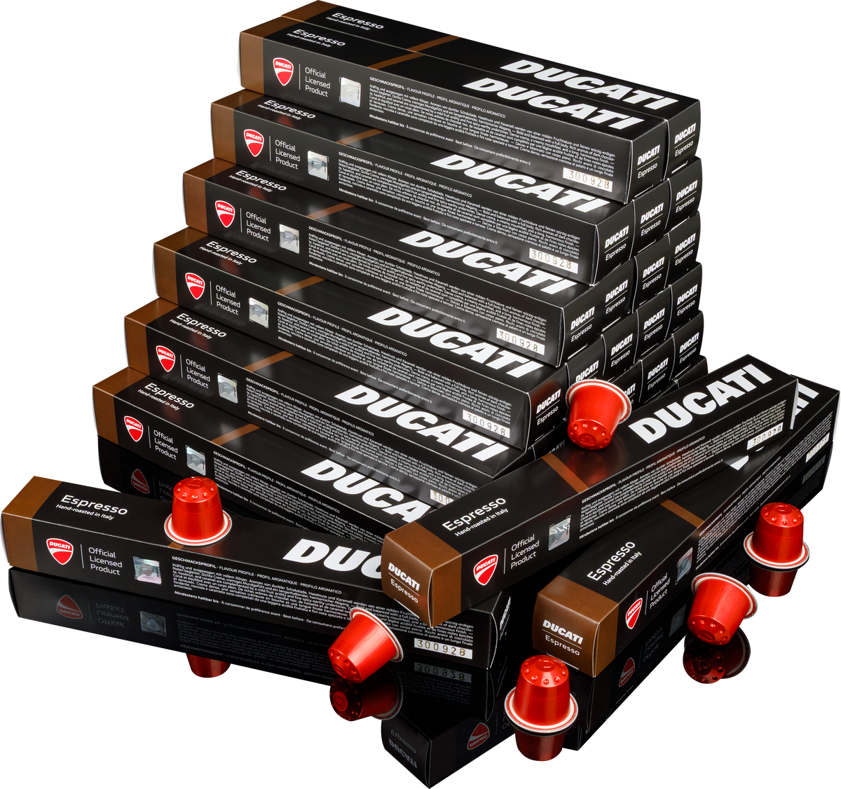 Großer Stapel Espresso by Ducati Kapselboxen, Packung mit 300 Kapseln für Nespresso® Original, ringsum rote Kapseln