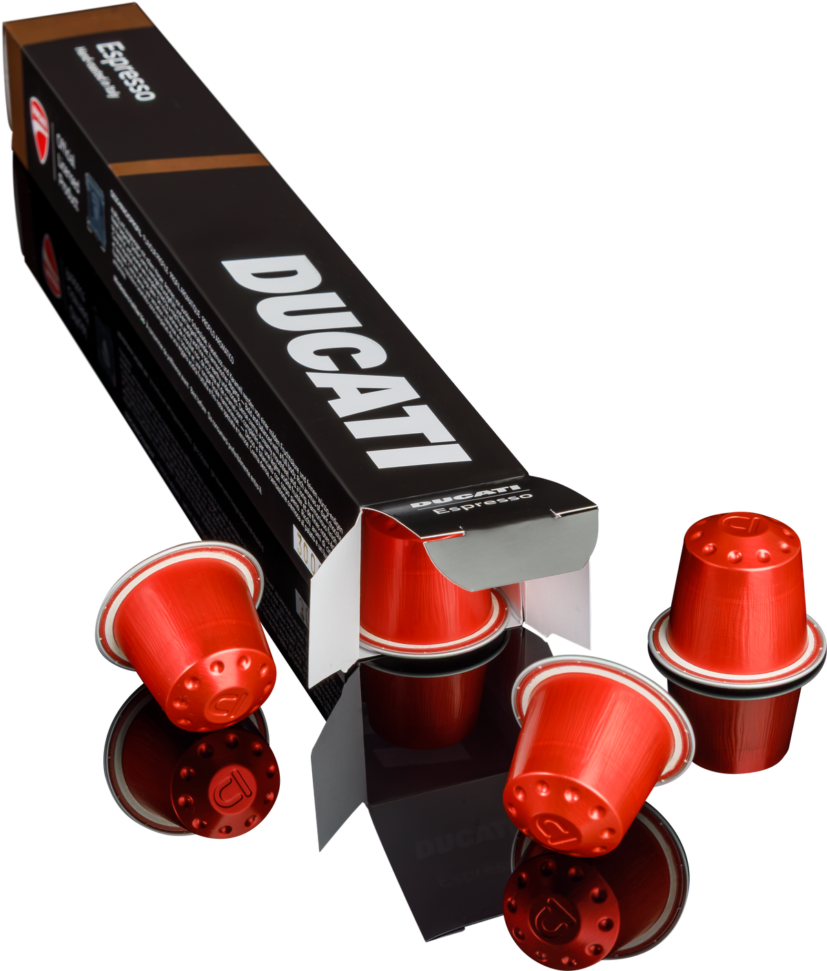 Geöffnete Espresso by Ducati Kapselbox mit roten Kapseln