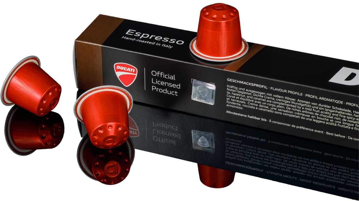 Espresso by Ducati Kapselbox mit Ducati-Lizenzlogo und roten Kapseln