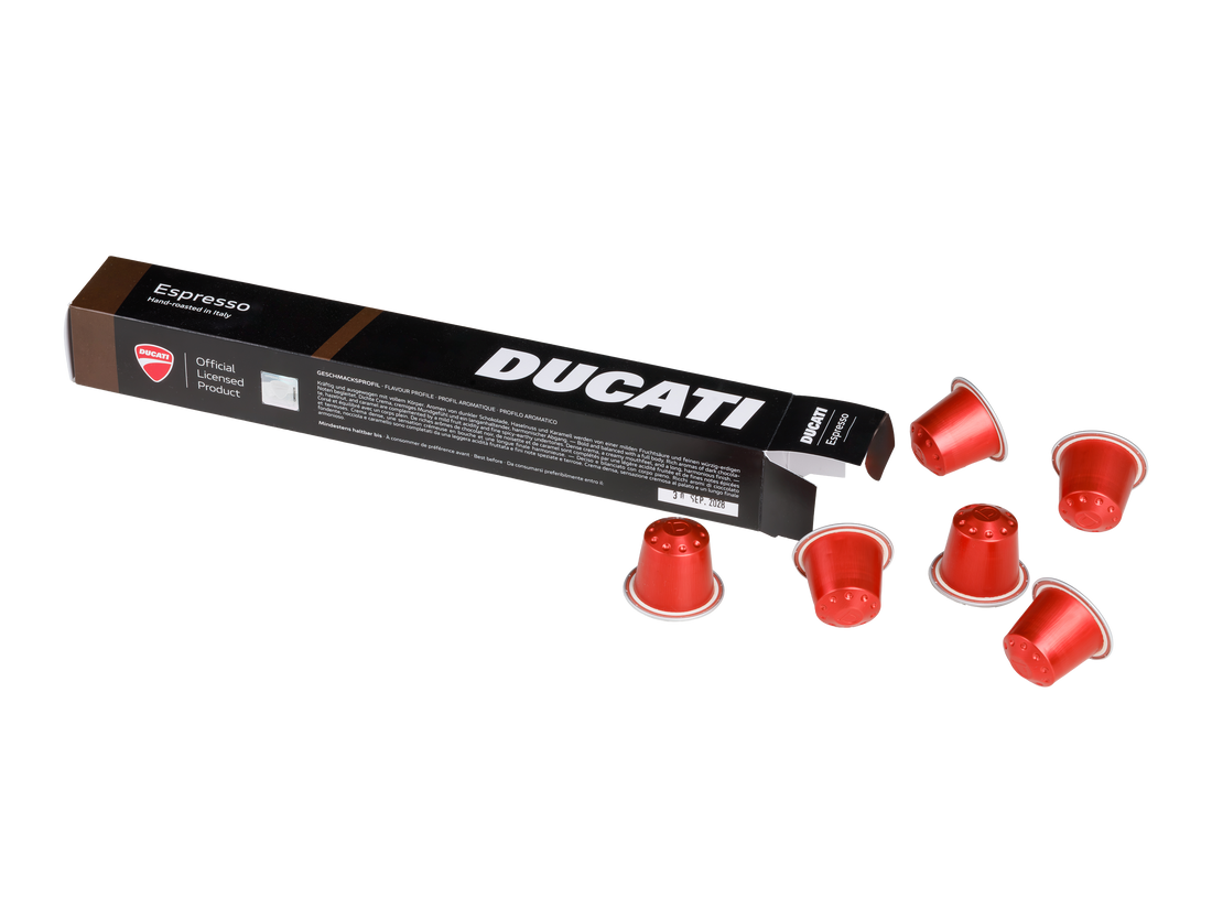 Espresso by Ducati box with 6 red capsules for Nespresso® Original machines, on white